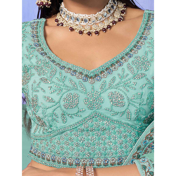 Odette Sea Green Embroidered Semi Stitched Lehenga with Blouse & Dupatta (Set of 3)