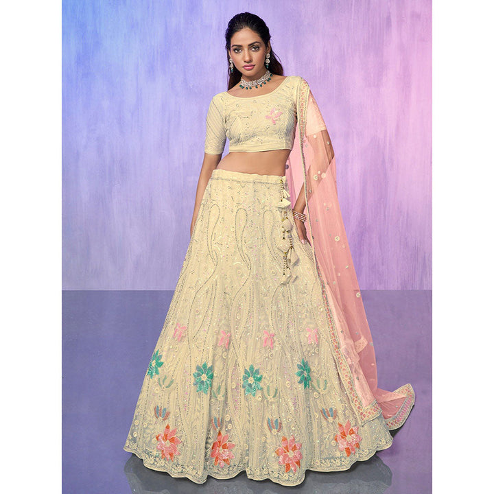 Odette Cream Embroidered Semi Stitched Lehenga with Blouse & Dupatta (Set of 3)