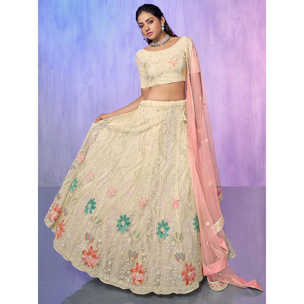 Odette Cream Embroidered Semi Stitched Lehenga with Blouse & Dupatta (Set of 3)