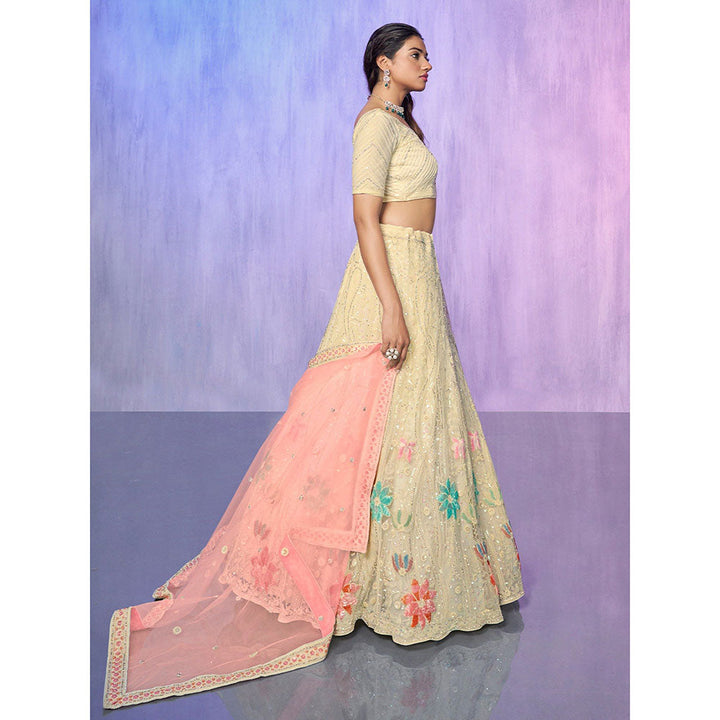 Odette Cream Embroidered Semi Stitched Lehenga with Blouse & Dupatta (Set of 3)