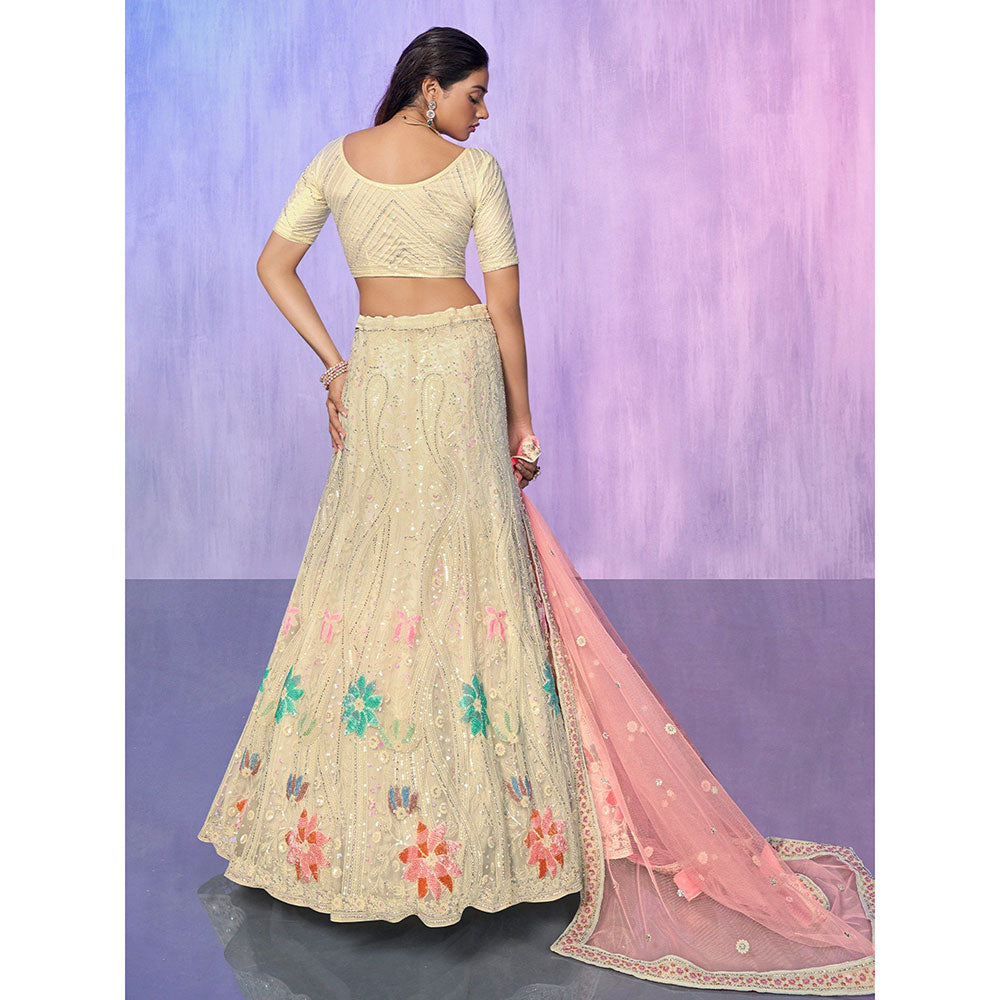 Odette Cream Embroidered Semi Stitched Lehenga with Blouse & Dupatta (Set of 3)