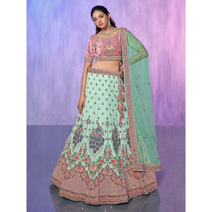 Odette Sea Green Embroidered Semi Stitched Lehenga with Blouse & Dupatta (Set of 3)