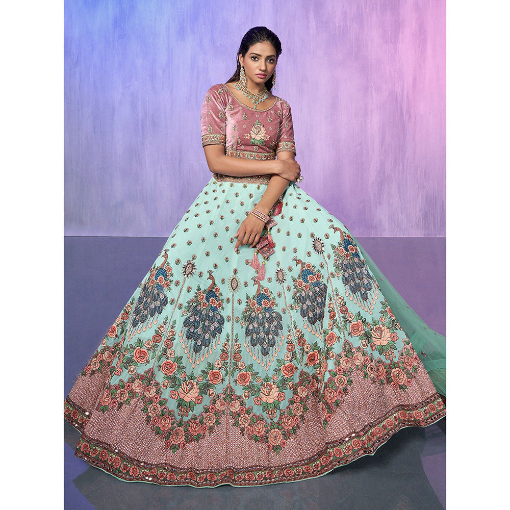 Odette Sea Green Embroidered Semi Stitched Lehenga with Blouse & Dupatta (Set of 3)