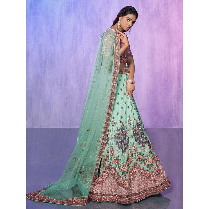 Odette Sea Green Embroidered Semi Stitched Lehenga with Blouse & Dupatta (Set of 3)