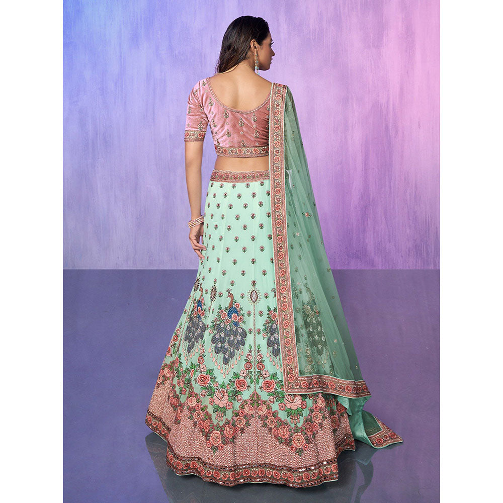 Odette Sea Green Embroidered Semi Stitched Lehenga with Blouse & Dupatta (Set of 3)