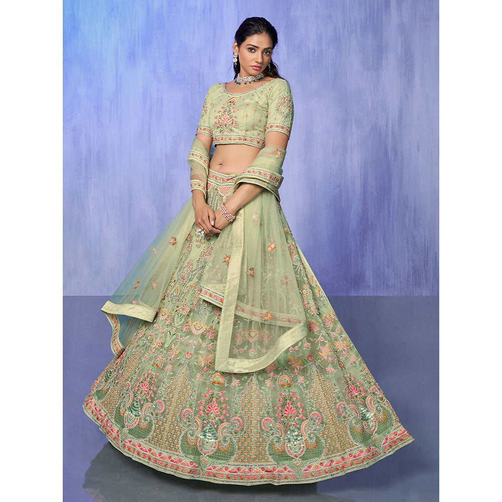 Odette Green Embroidered Semi Stitched Lehenga with Blouse & Dupatta (Set of 3)