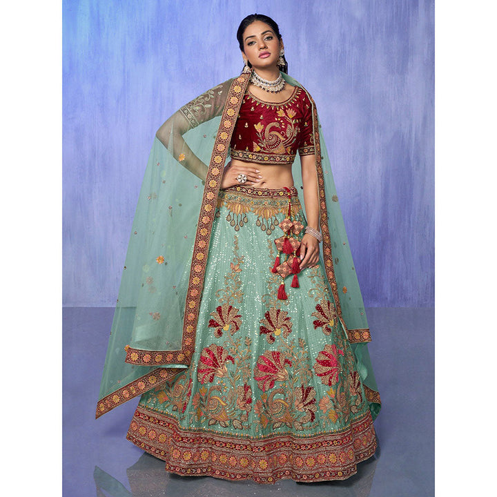 Odette Sea Green Embroidered Semi Stitched Lehenga with Blouse & Dupatta (Set of 3)