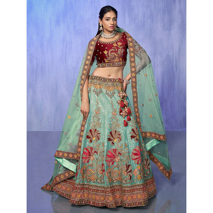 Odette Sea Green Embroidered Semi Stitched Lehenga with Blouse & Dupatta (Set of 3)