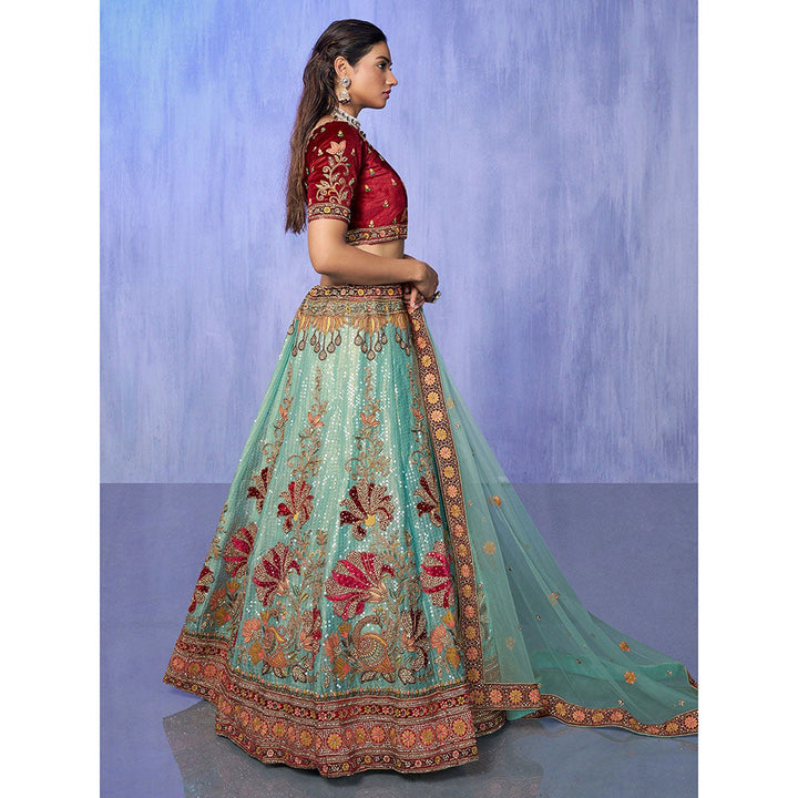 Odette Sea Green Embroidered Semi Stitched Lehenga with Blouse & Dupatta (Set of 3)