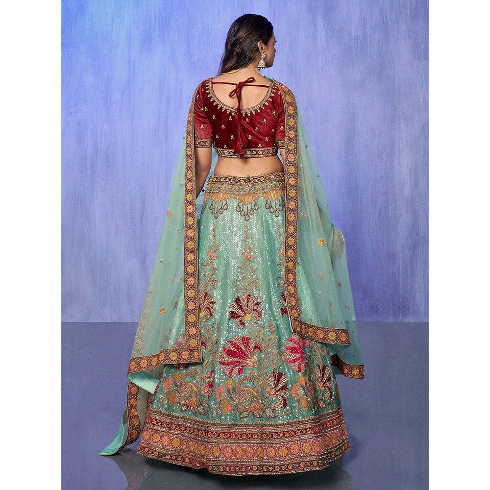 Odette Sea Green Embroidered Semi Stitched Lehenga with Blouse & Dupatta (Set of 3)