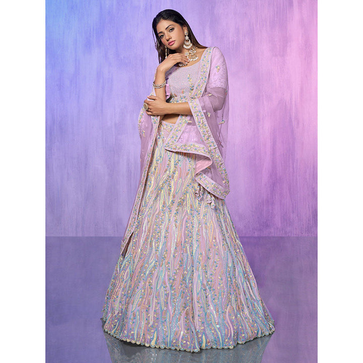 Odette Lavender Embroidered Organza Semi Stitched Lehenga with Blouse & Dupatta (Set of 3)