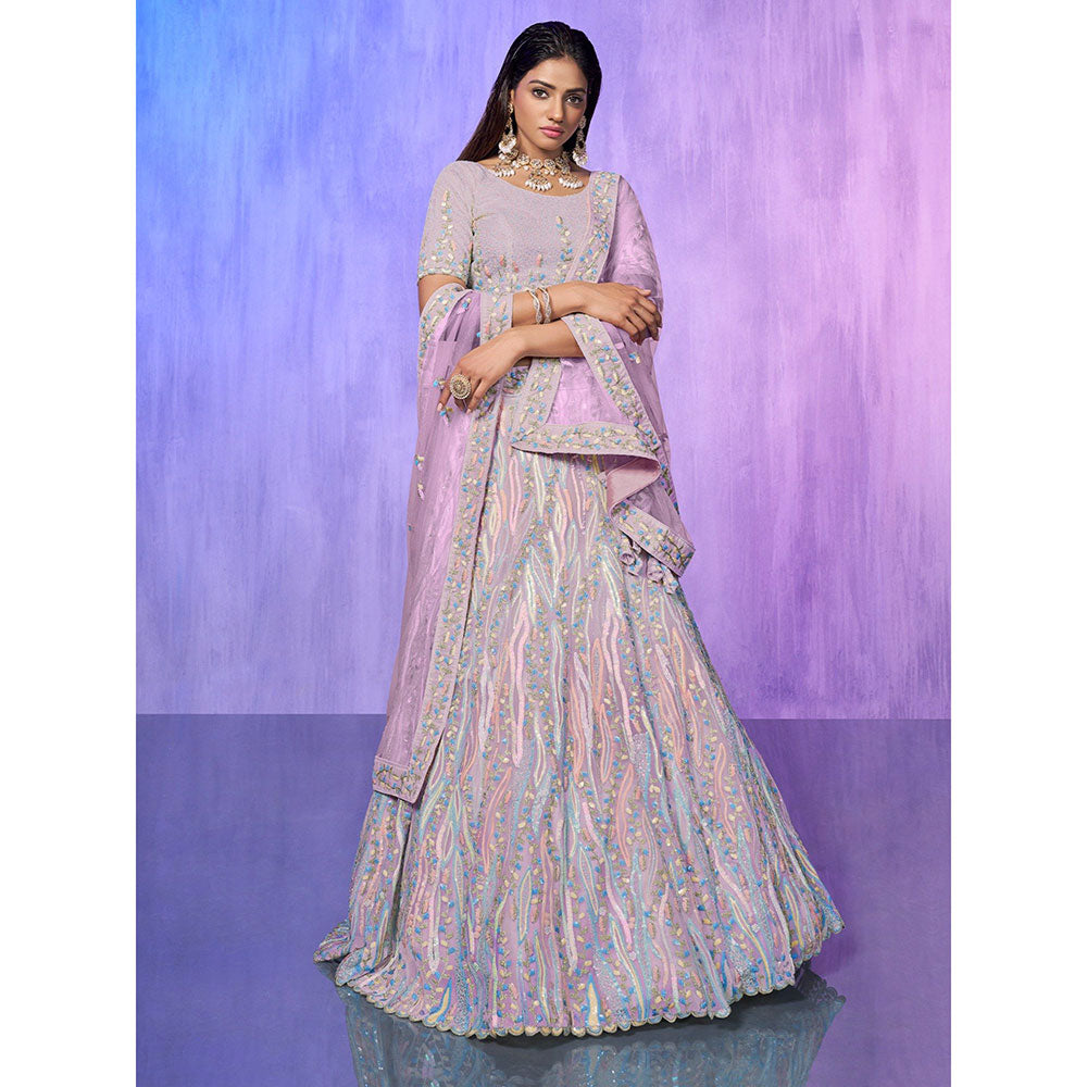 Odette Lavender Embroidered Organza Semi Stitched Lehenga with Blouse & Dupatta (Set of 3)