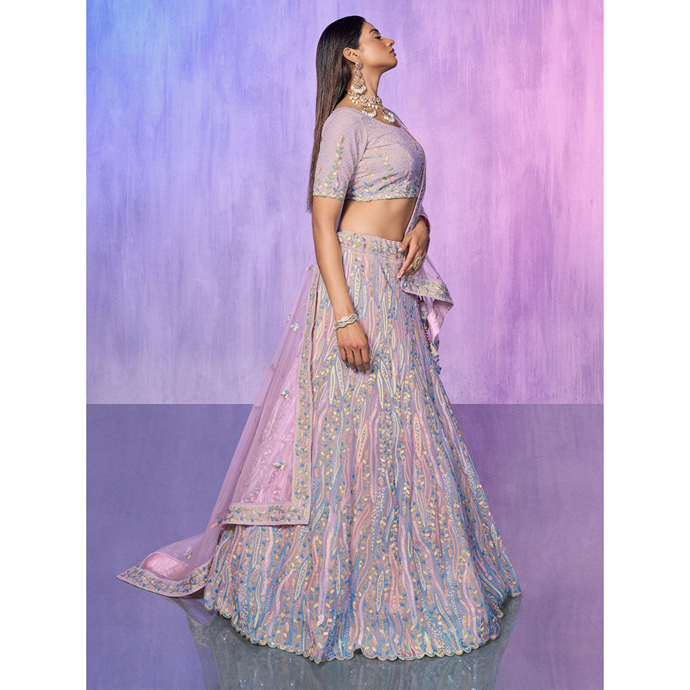 Odette Lavender Embroidered Organza Semi Stitched Lehenga with Blouse & Dupatta (Set of 3)