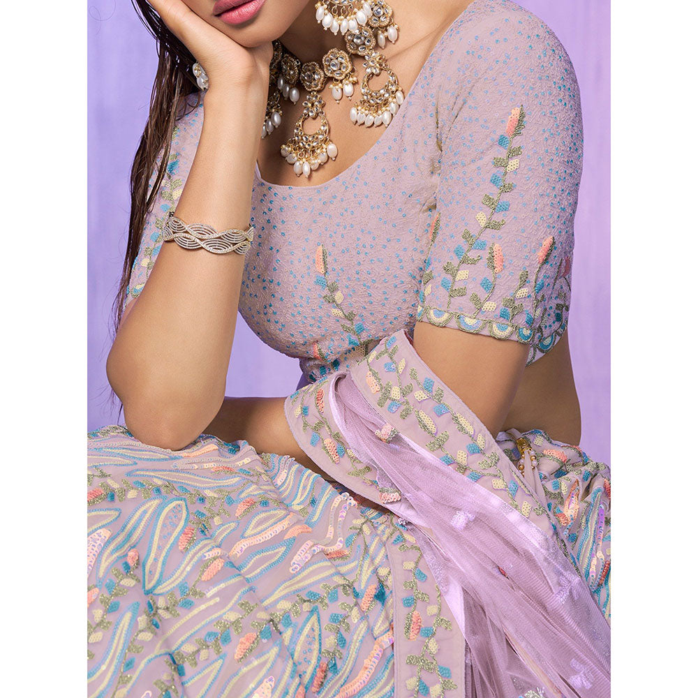 Odette Lavender Embroidered Organza Semi Stitched Lehenga with Blouse & Dupatta (Set of 3)