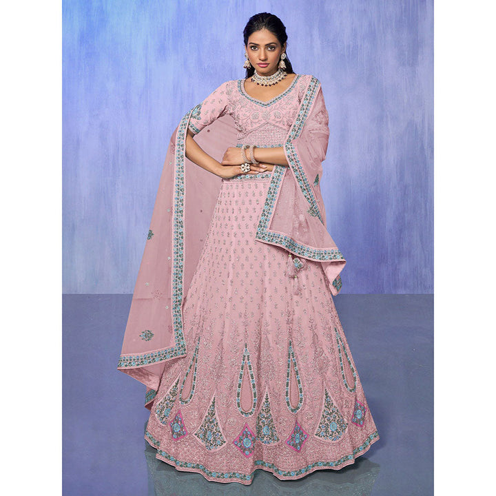 Odette Pink Embroidered Semi Stitched Lehenga with Blouse & Dupatta (Set of 3)