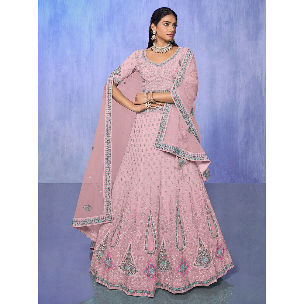 Odette Pink Embroidered Semi Stitched Lehenga with Blouse & Dupatta (Set of 3)