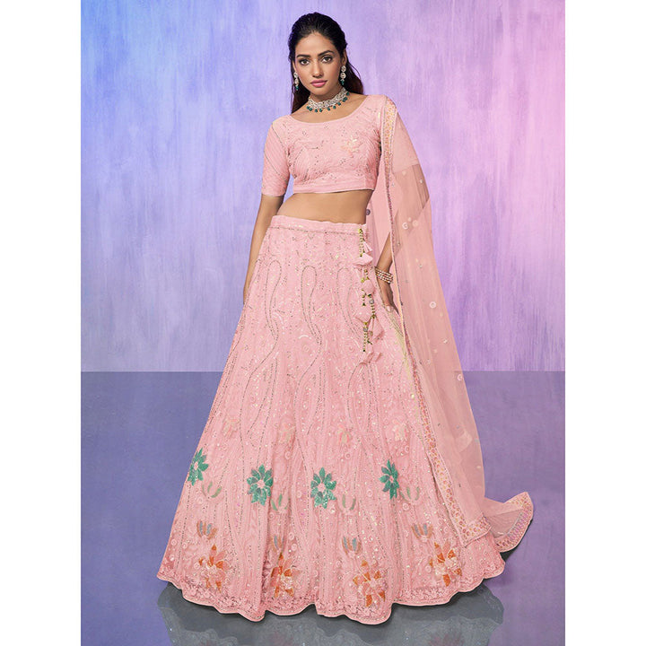 Odette Peach Embroidered Semi Stitched Lehenga with Blouse & Dupatta (Set of 3)