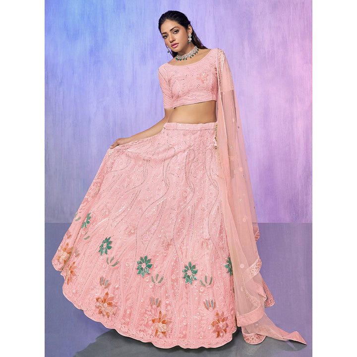 Odette Peach Embroidered Semi Stitched Lehenga with Blouse & Dupatta (Set of 3)