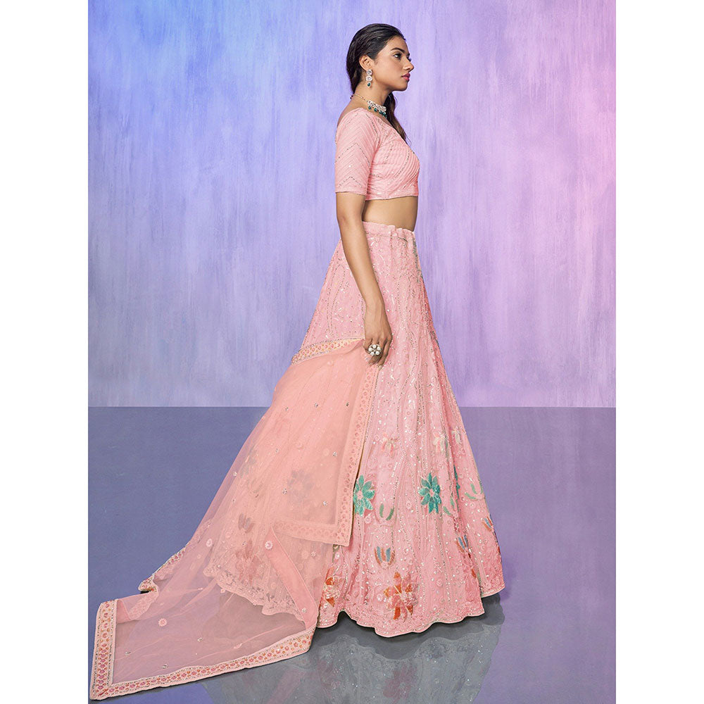 Odette Peach Embroidered Semi Stitched Lehenga with Blouse & Dupatta (Set of 3)