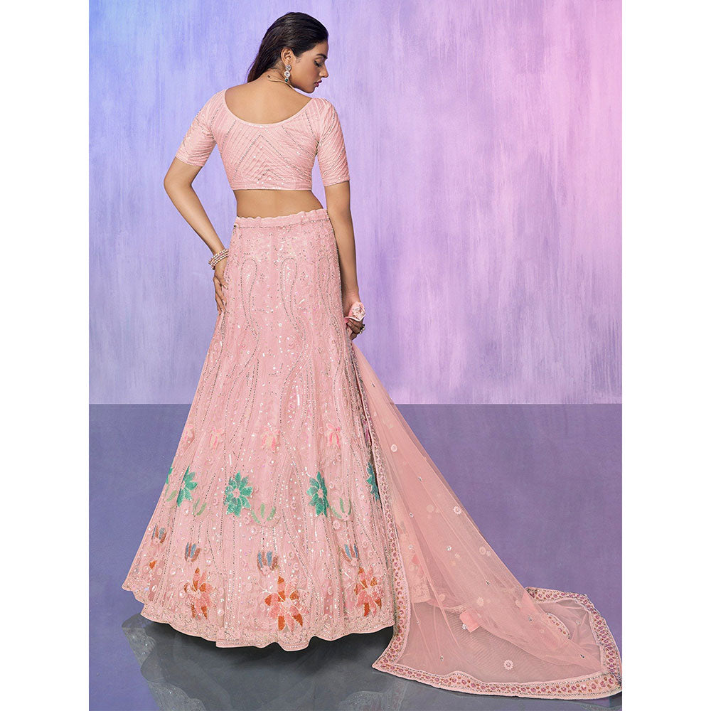 Odette Peach Embroidered Semi Stitched Lehenga with Blouse & Dupatta (Set of 3)