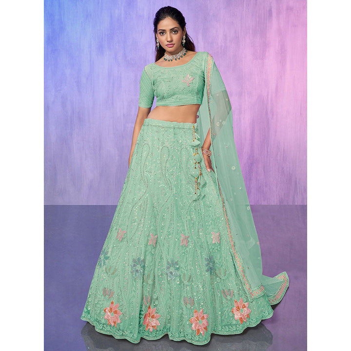 Odette Sea Green Embroidered Semi Stitched Lehenga with Blouse & Dupatta (Set of 3)