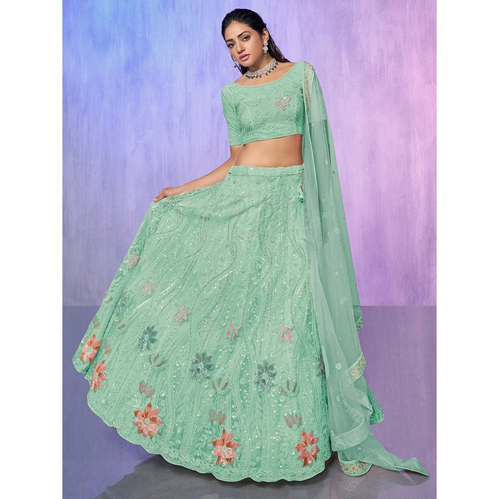 Odette Sea Green Embroidered Semi Stitched Lehenga with Blouse & Dupatta (Set of 3)