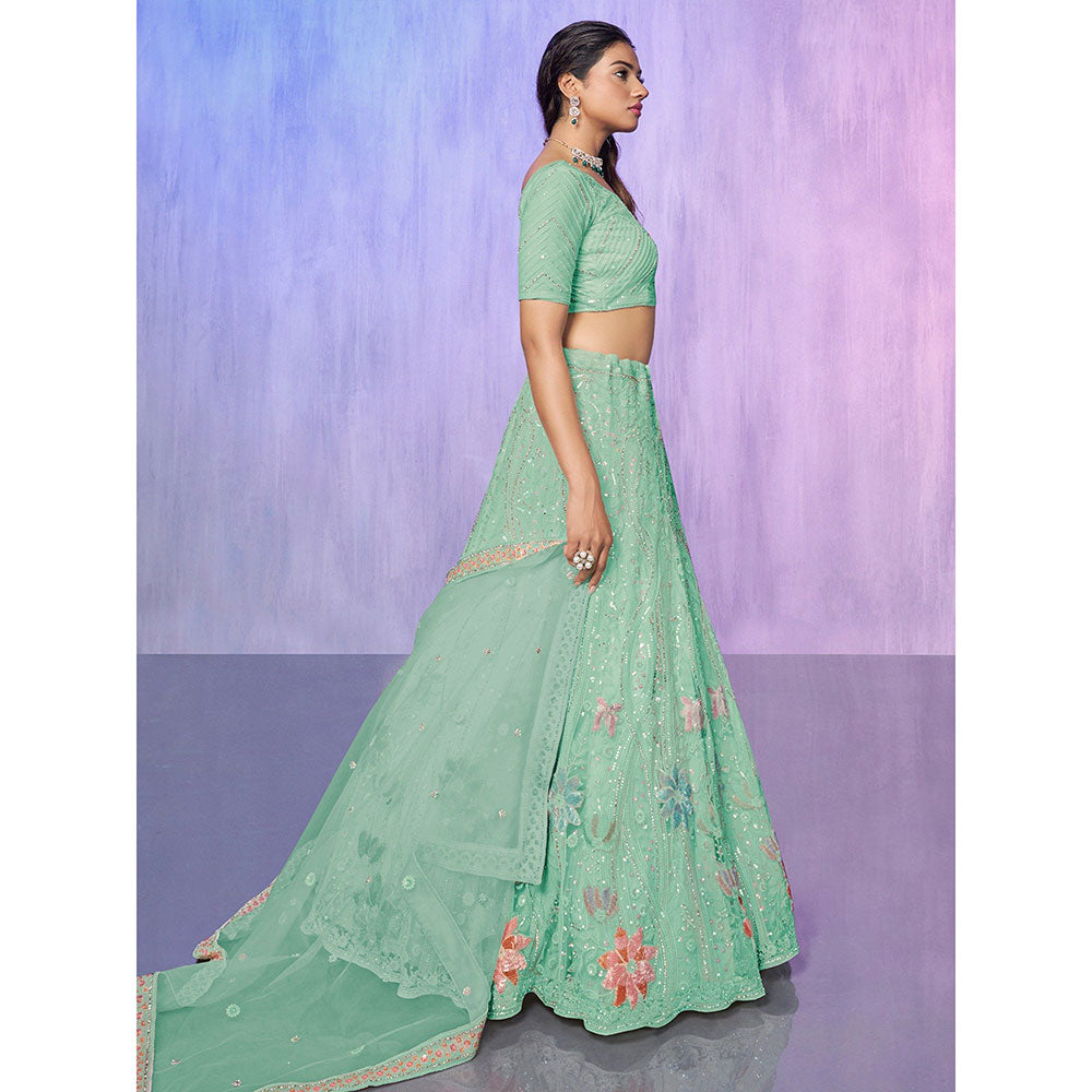 Odette Sea Green Embroidered Semi Stitched Lehenga with Blouse & Dupatta (Set of 3)