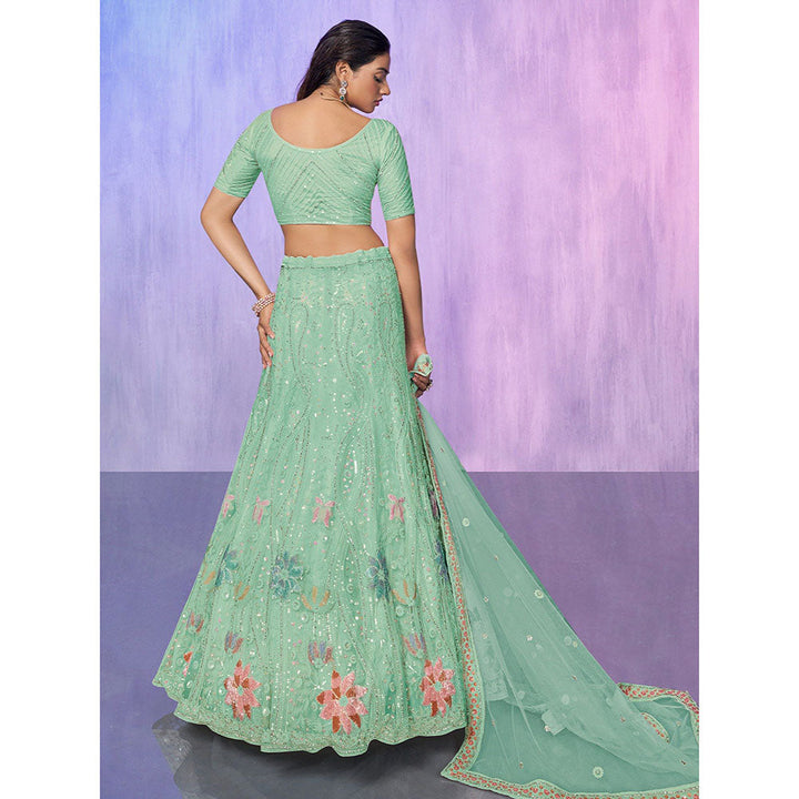 Odette Sea Green Embroidered Semi Stitched Lehenga with Blouse & Dupatta (Set of 3)