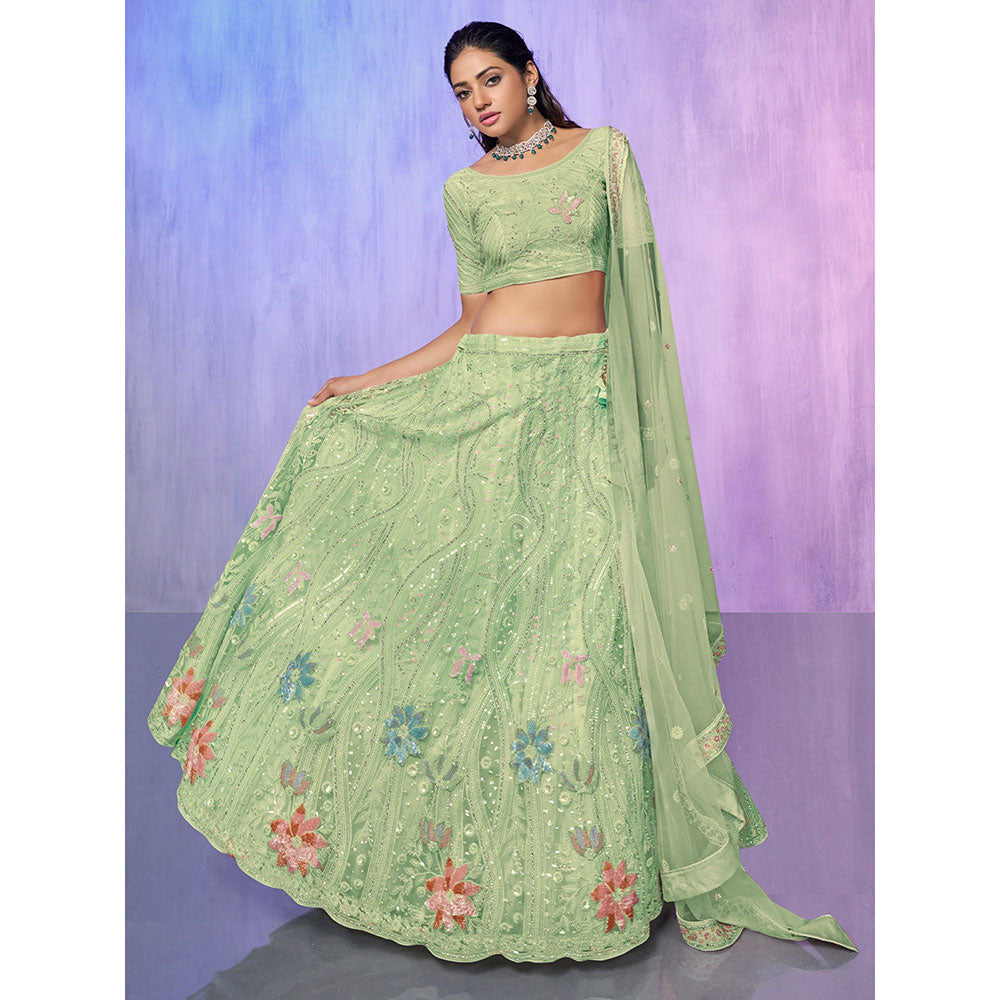 Odette Green Embroidered Semi Stitched Lehenga with Blouse & Dupatta (Set of 3)