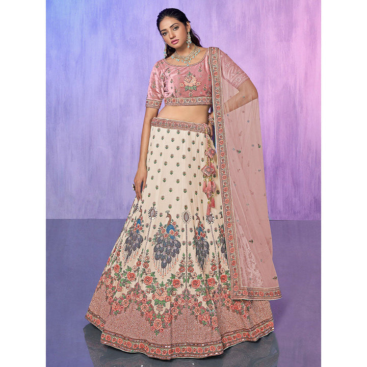 Odette Off White Embroidered Semi Stitched Lehenga with Blouse & Dupatta (Set of 3)