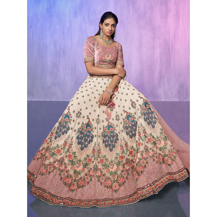 Odette Off White Embroidered Semi Stitched Lehenga with Blouse & Dupatta (Set of 3)