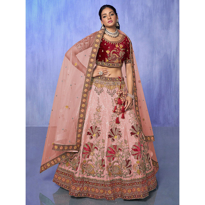 Odette Peach Embroidered Semi Stitched Lehenga with Blouse & Dupatta (Set of 3)