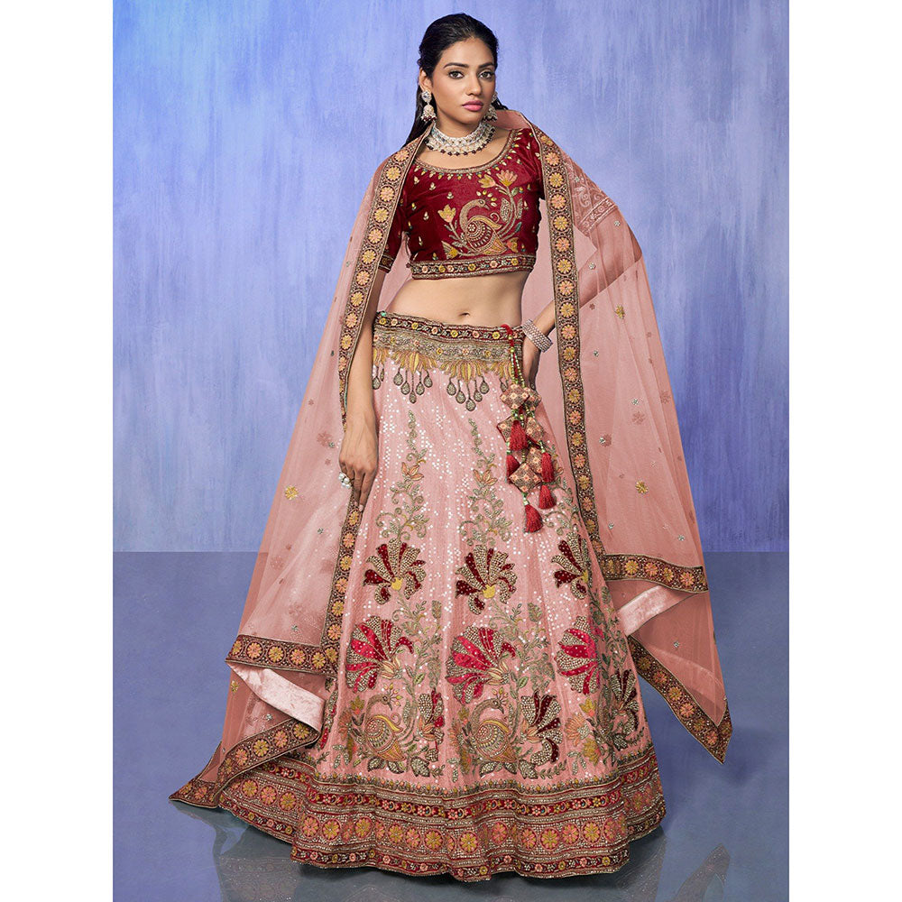 Odette Peach Embroidered Semi Stitched Lehenga with Blouse & Dupatta (Set of 3)