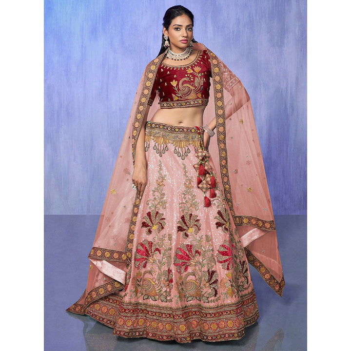 Odette Peach Embroidered Semi Stitched Lehenga with Blouse & Dupatta (Set of 3)