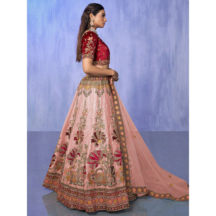 Odette Peach Embroidered Semi Stitched Lehenga with Blouse & Dupatta (Set of 3)