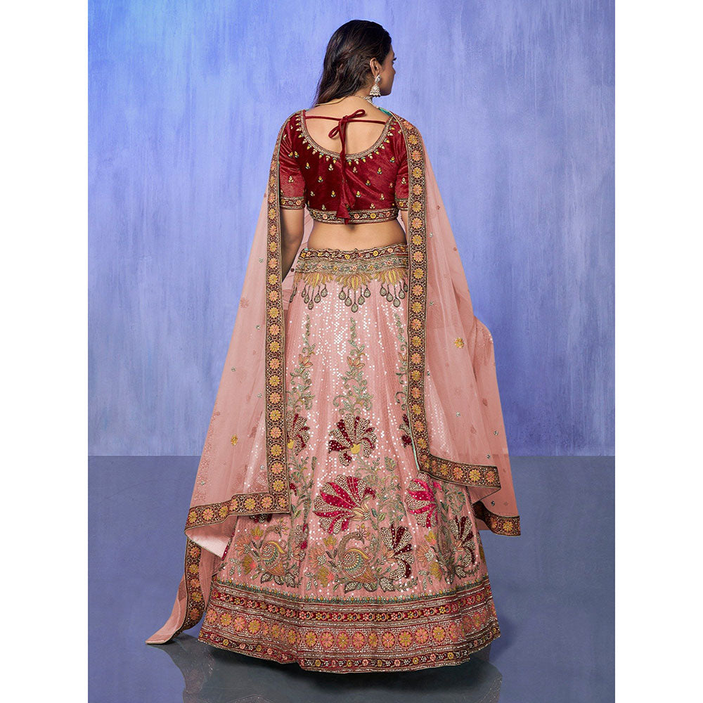 Odette Peach Embroidered Semi Stitched Lehenga with Blouse & Dupatta (Set of 3)