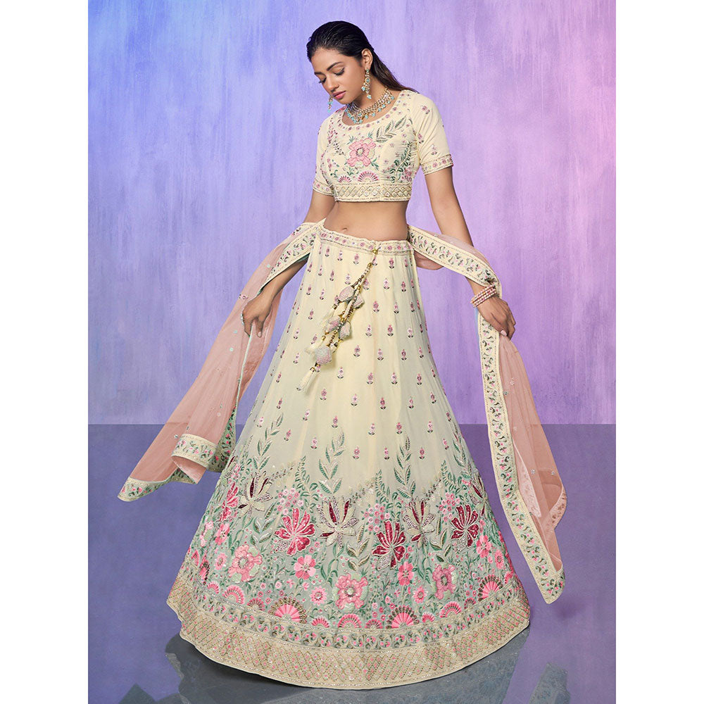 Odette Off White Embroidered Semi Stitched Lehenga with Blouse & Dupatta (Set of 3)