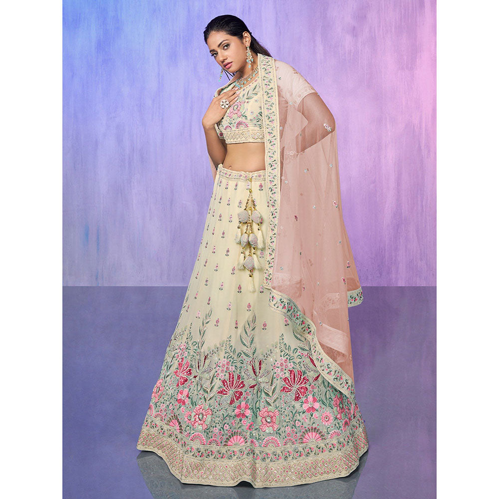 Odette Off White Embroidered Semi Stitched Lehenga with Blouse & Dupatta (Set of 3)