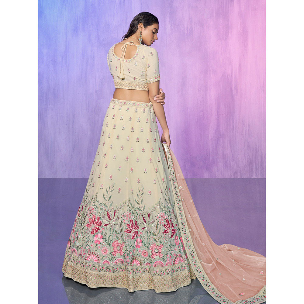 Odette Off White Embroidered Semi Stitched Lehenga with Blouse & Dupatta (Set of 3)