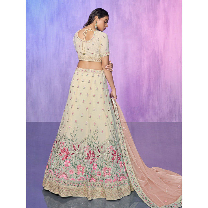 Odette Off White Embroidered Semi Stitched Lehenga with Blouse & Dupatta (Set of 3)