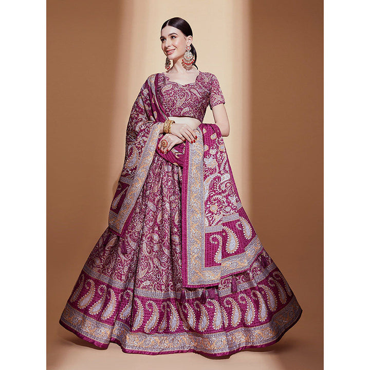 Odette Wine Printed Embroidered Semi Stitched Lehenga with Blouse & Dupatta (Set of 3)