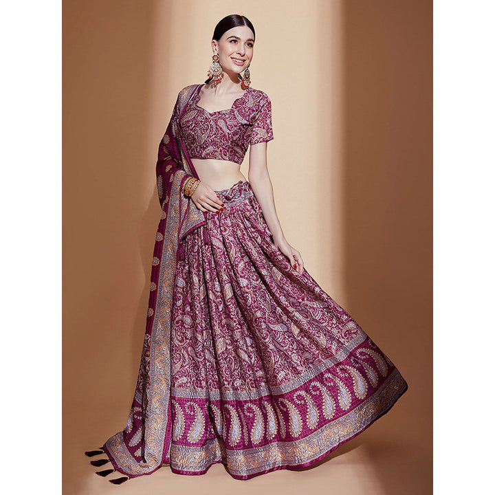 Odette Wine Printed Embroidered Semi Stitched Lehenga with Blouse & Dupatta (Set of 3)