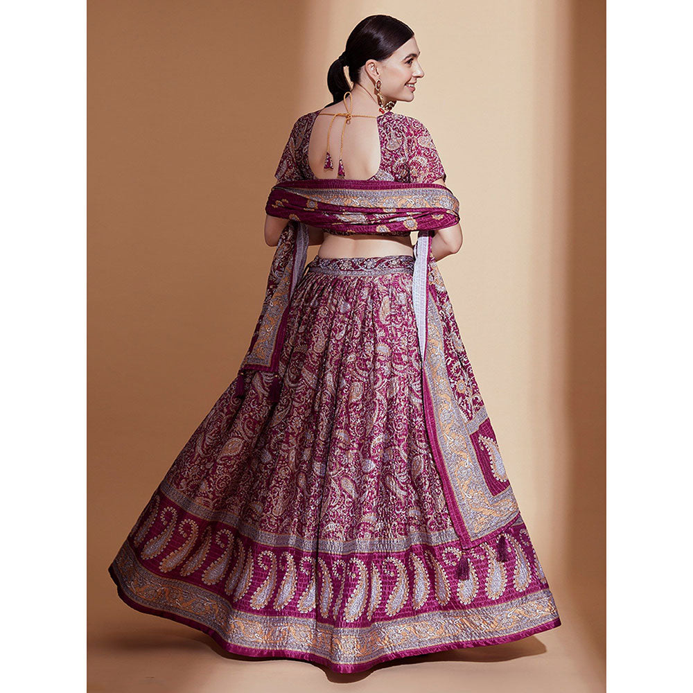 Odette Wine Printed Embroidered Semi Stitched Lehenga with Blouse & Dupatta (Set of 3)