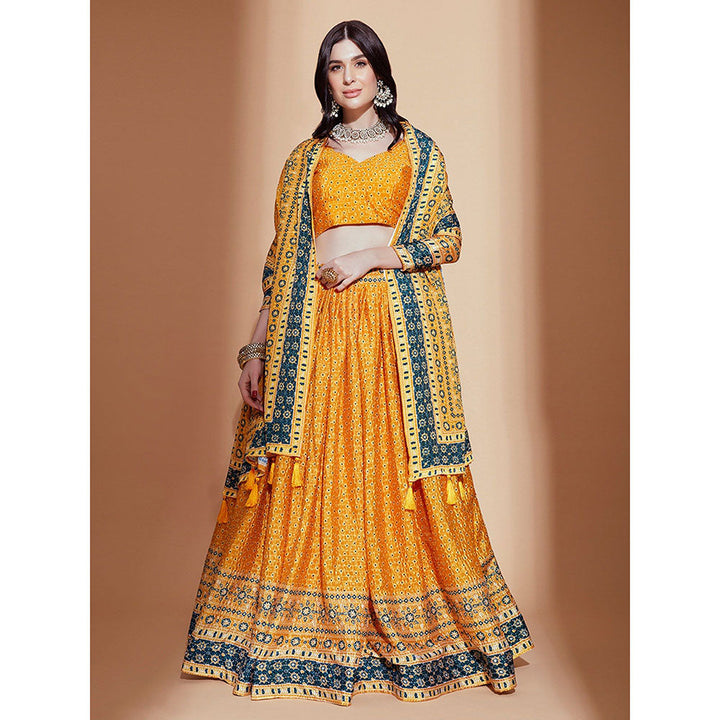 Odette Mustard Printed Embroidered Semi Stitched Lehenga with Blouse & Dupatta (Set of 3)