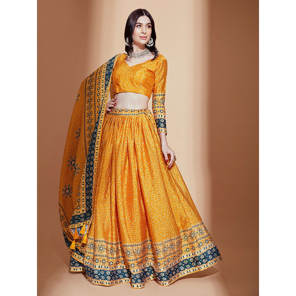 Odette Mustard Printed Embroidered Semi Stitched Lehenga with Blouse & Dupatta (Set of 3)