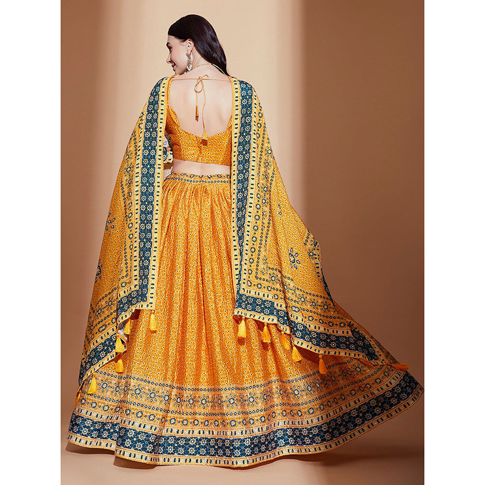 Odette Mustard Printed Embroidered Semi Stitched Lehenga with Blouse & Dupatta (Set of 3)