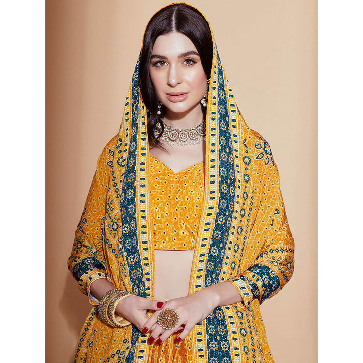 Odette Mustard Printed Embroidered Semi Stitched Lehenga with Blouse & Dupatta (Set of 3)