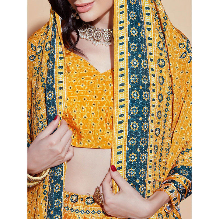 Odette Mustard Printed Embroidered Semi Stitched Lehenga with Blouse & Dupatta (Set of 3)