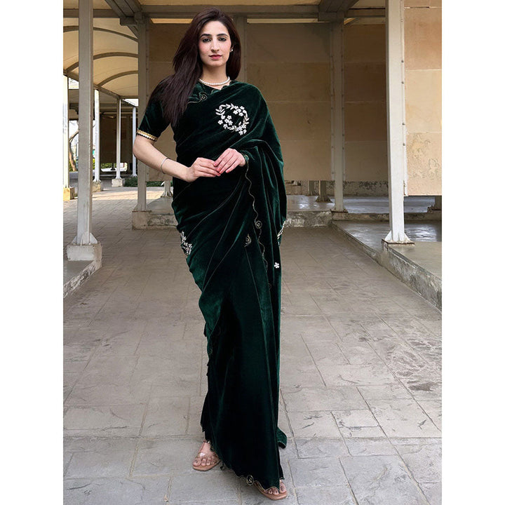 Odette Women Velvet Embroidered Green Saree with Unstitched Blouse