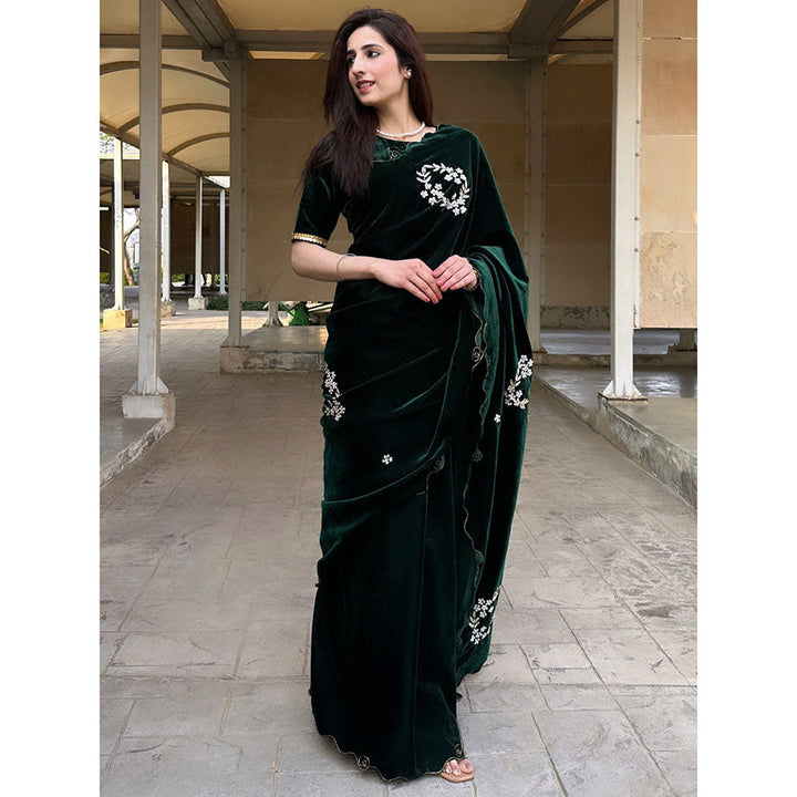 Odette Women Velvet Embroidered Green Saree with Unstitched Blouse